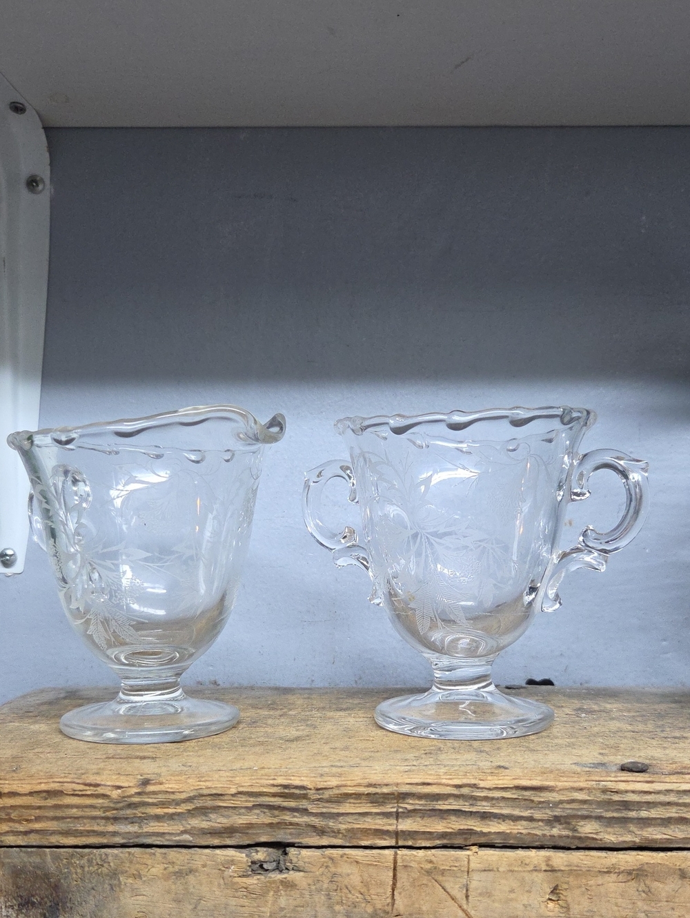 Vintage Fostoria Heather Etched Glass Creamer and Open Sugar Set